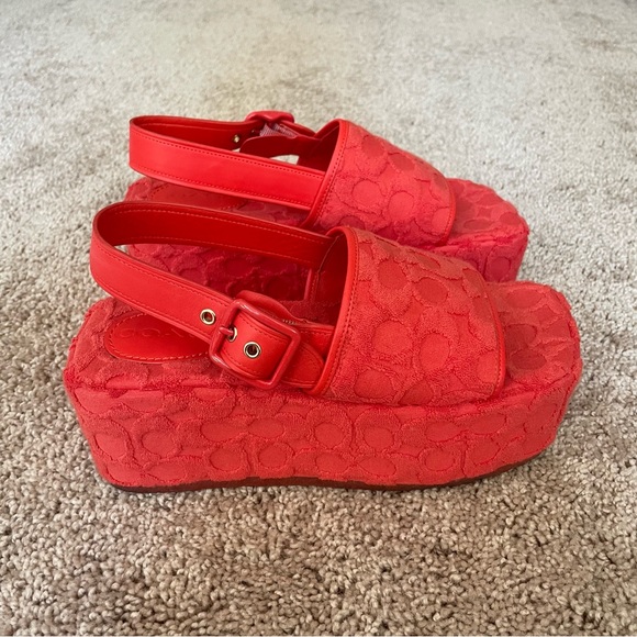 Coach Noelle Platform Sandals in Signature Terry Cloth Red Orange Size 8 - Picture 3 of 8